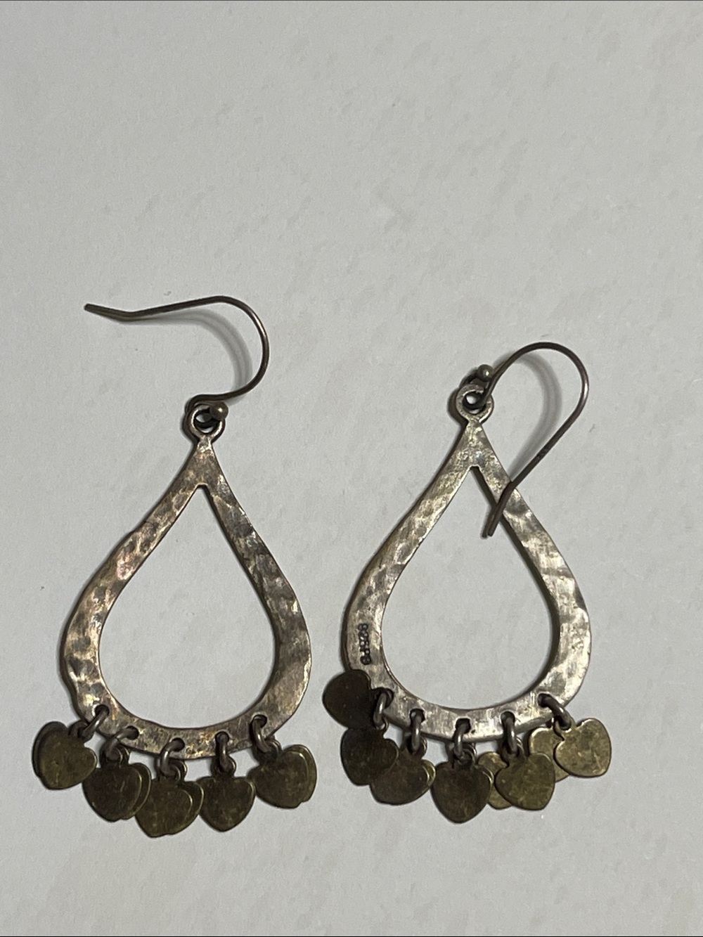 Hammered Sundance Teardrop Dangle Earrings with Heart Charms - Silver Tone